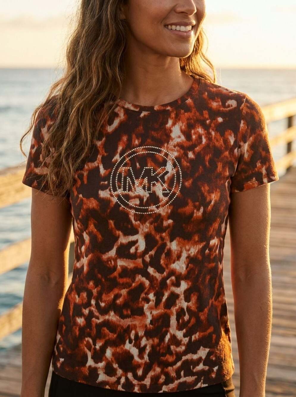 Michael Michael Kors Women's Size M Animal Print Rhinestone Logo T-Shirt - EK